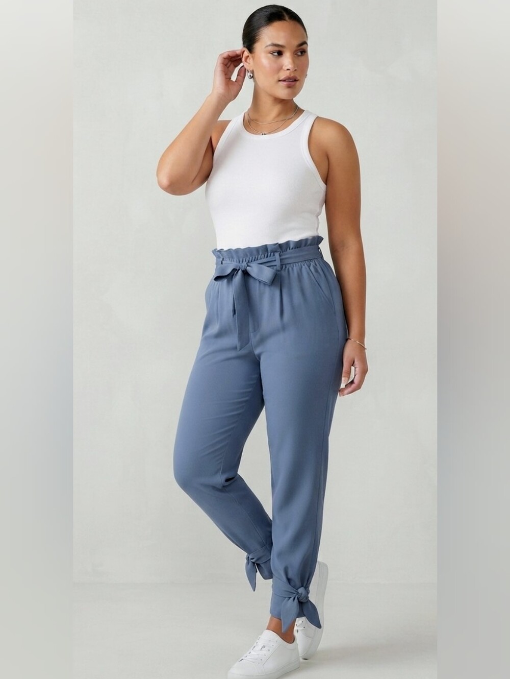 GRACE KARIN Paperbag Waist Pants Dusty Blue Tie Ankle Cropped Trousers Pocket Sm